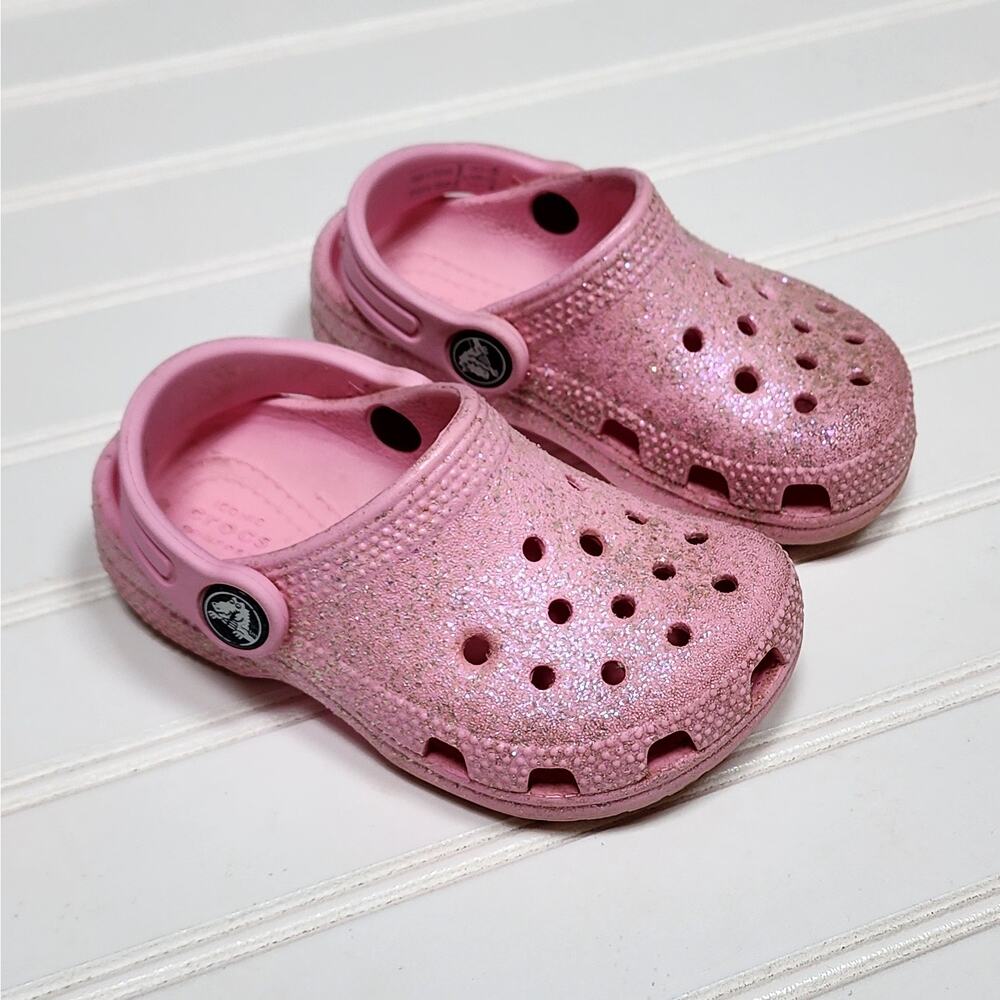 Crocs Classic Pink Glitter Clogs/Sandals Size 7 Toddler